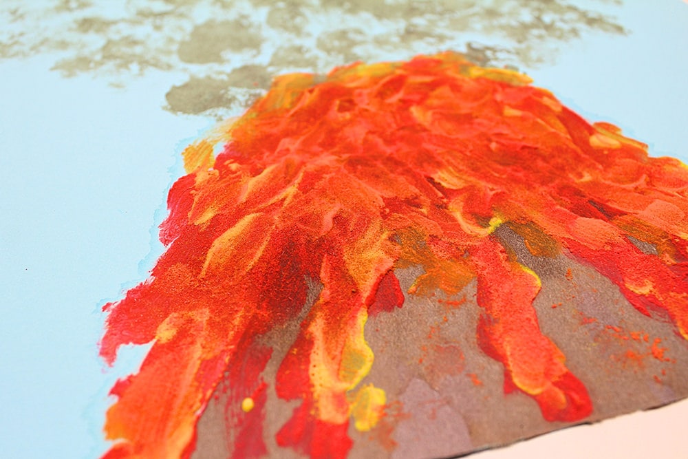 Closeup photo of dried baking soda paint volcano.