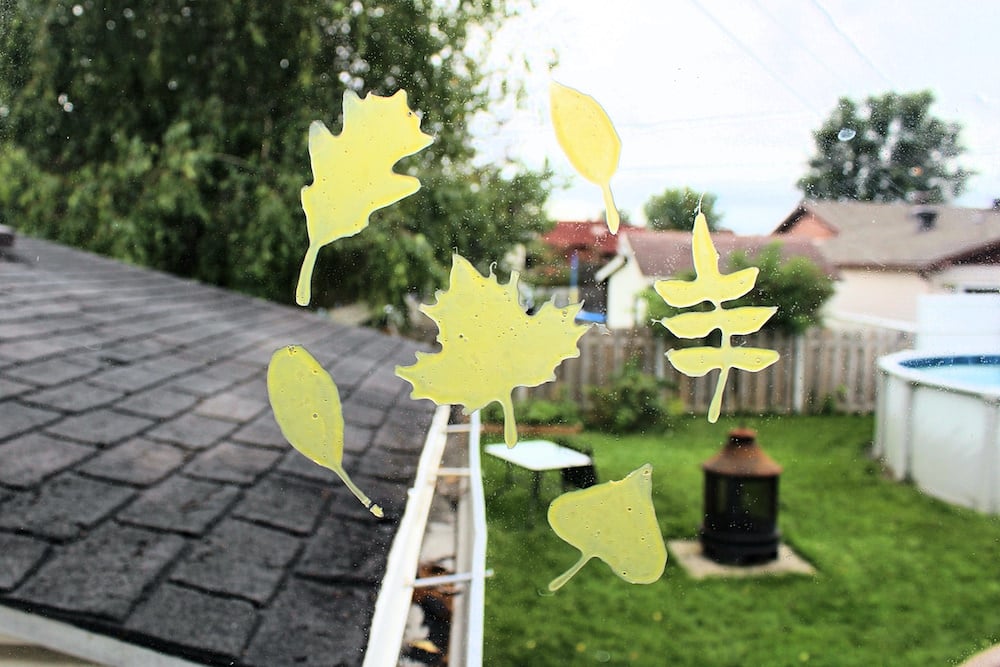Yellow leaf window clings on window.