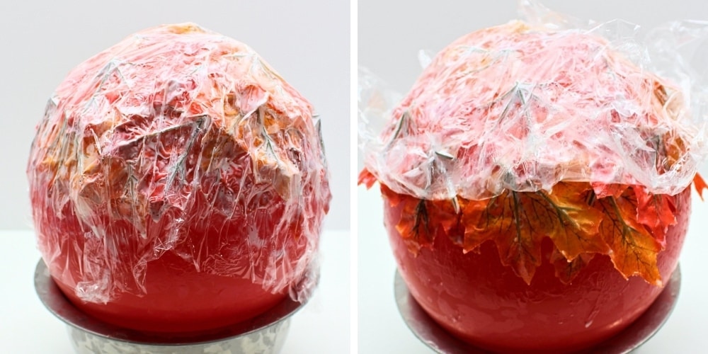 Fall leaf bowl on balloon covered with plastic wrap.