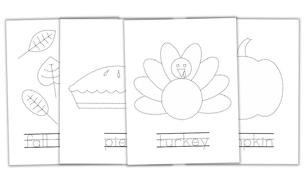 Mockup of 4 Thanksgiving tracing worksheets.