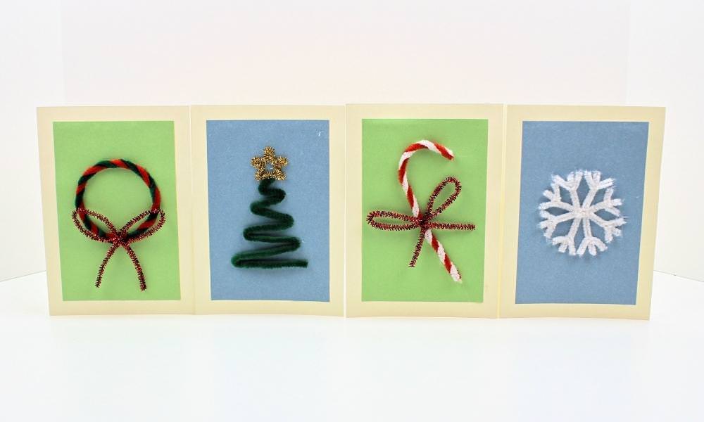 Pipe cleaner cards with Christmas wreath, Christmas tree, candy cane and snowflake