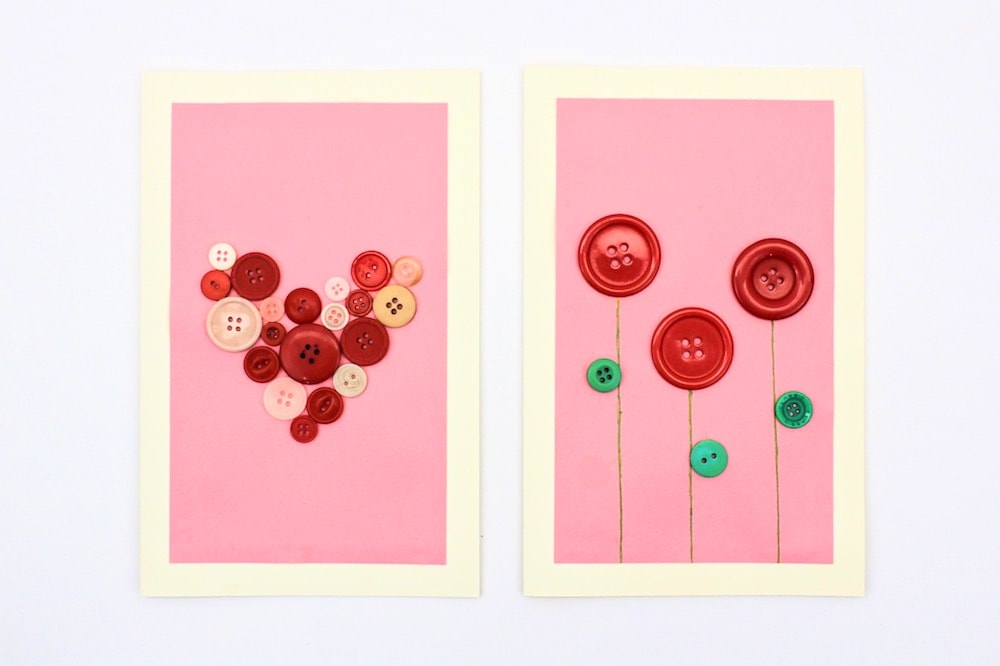 2 Valentine's Day cards with button heart and button flowers