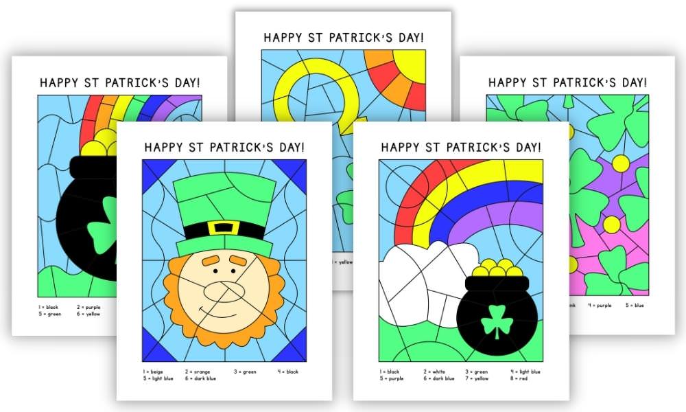 Horizontal mockup of 5 St Patrick's Day colour-by-number worksheets with colours