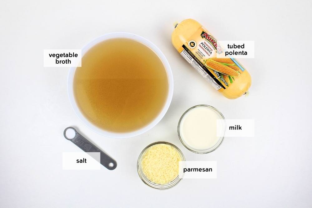 Ingredients to make creamy polenta from a tube.