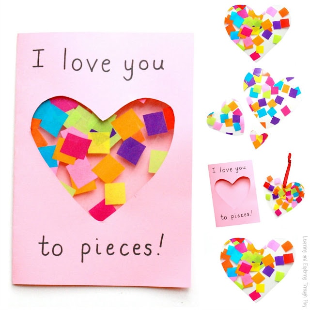 Pink heart card with tissue paper suncatcher.