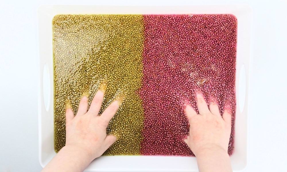 Chia seed sensory bin with child's hands playing