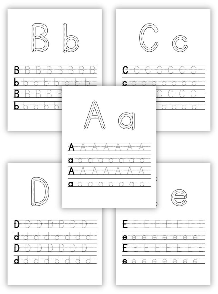 Mockup of uppercase and lowercase alphabet tracing worksheets (letters A, B, C, D and E).