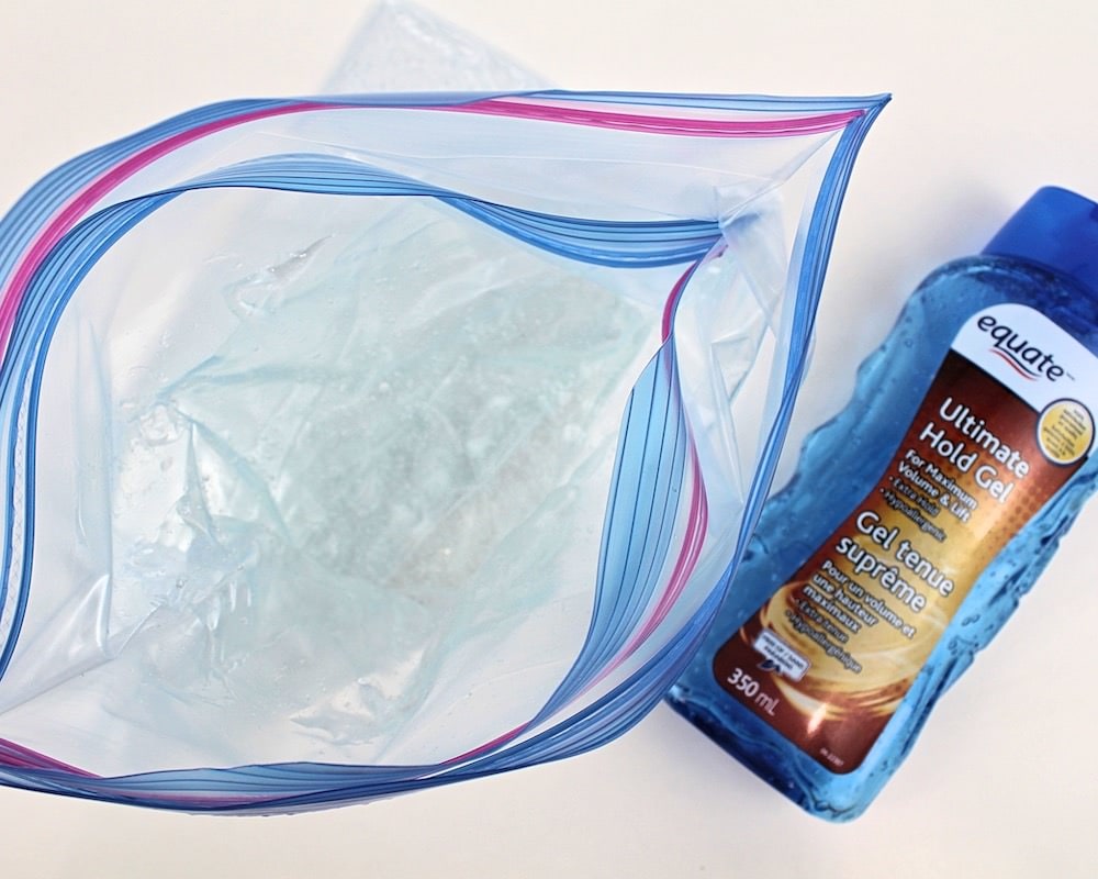 Open Ziploc bag with clear hair gel