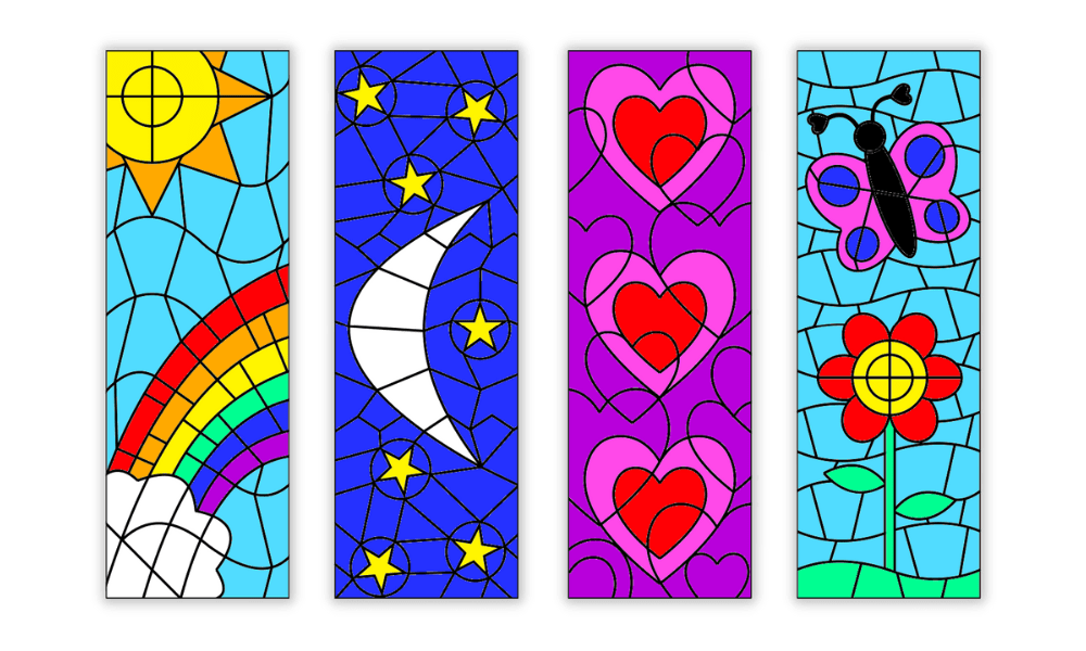 Mockup of coloured-in colour-by-number bookmarks