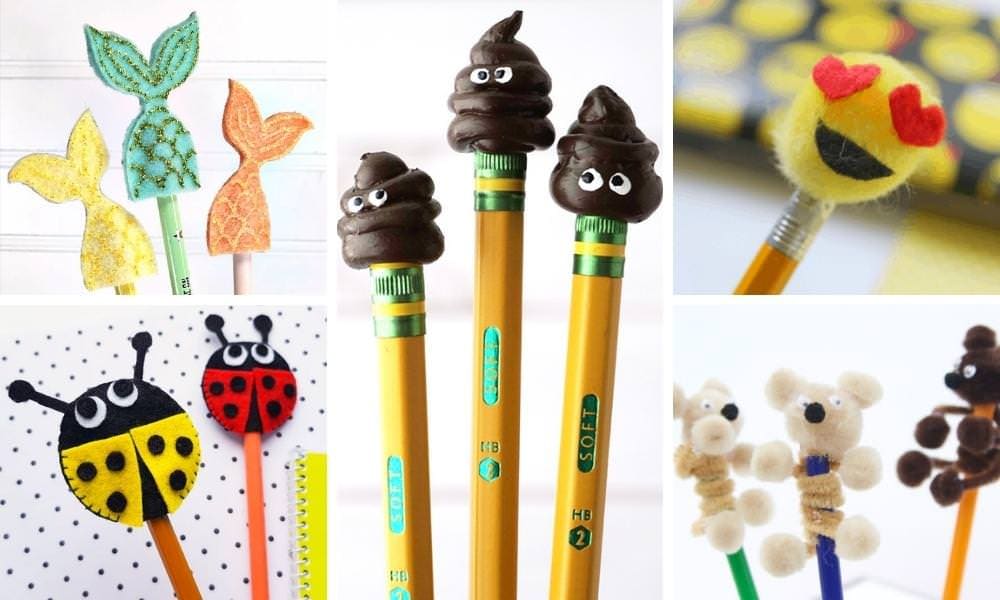 Collage of pictures of homemade pencil toppers