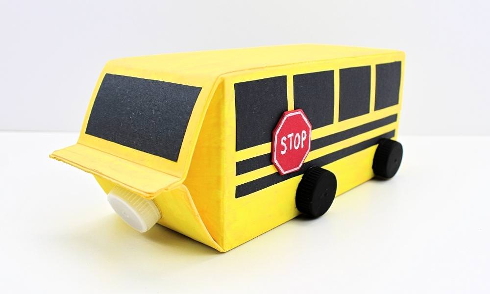 Milk carton school bus craft with foam stop sign