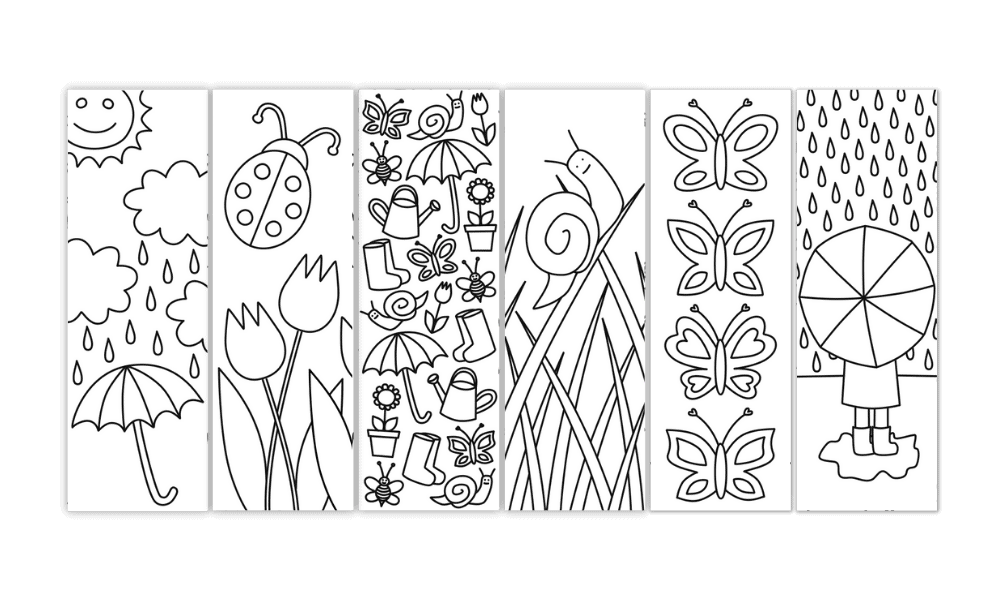 Mockup of 6 spring-themed colouring bookmarks