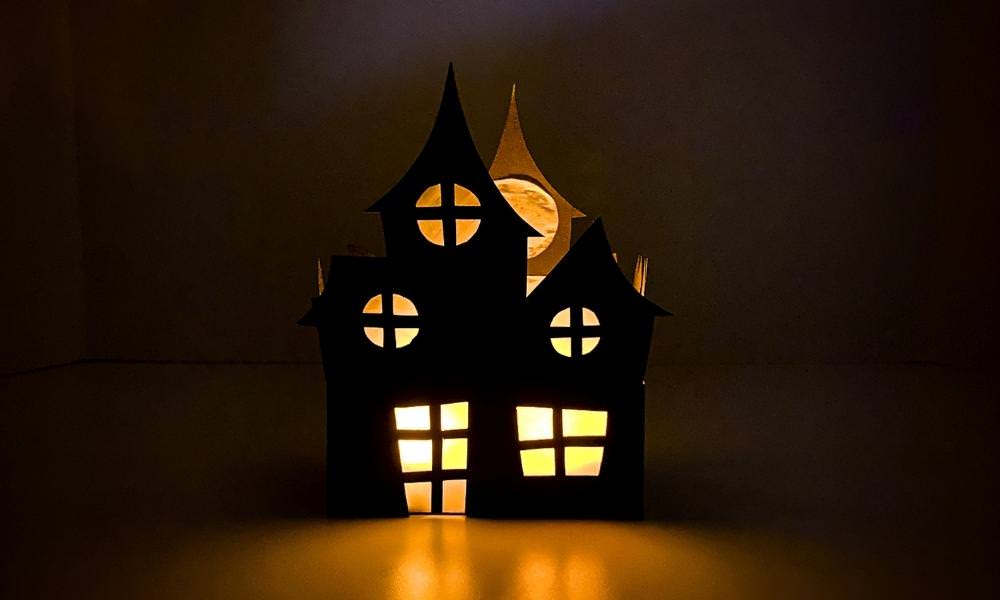 3D paper haunted lantern lit up in the dark