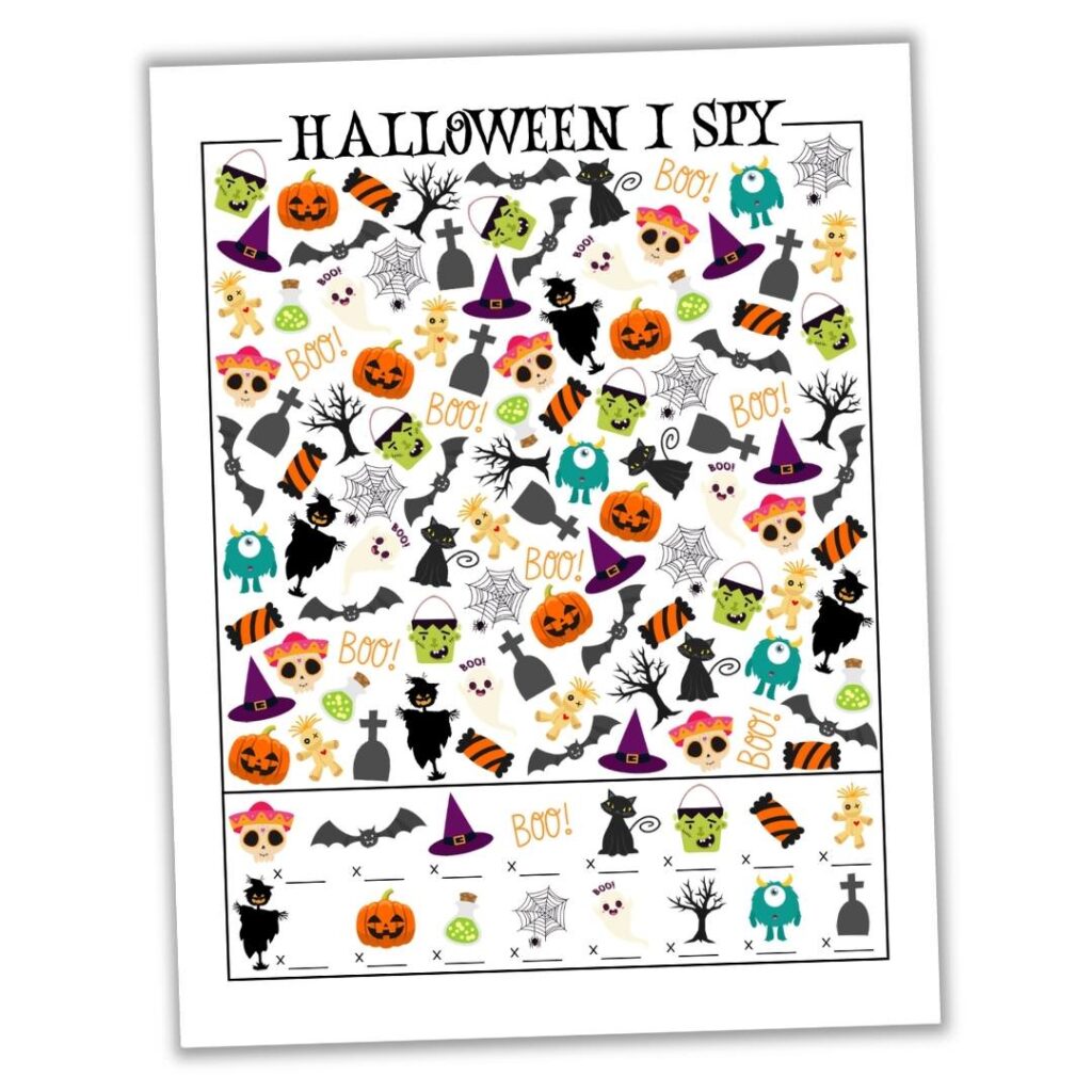 Mockup of Halloween I Spy activity sheet.