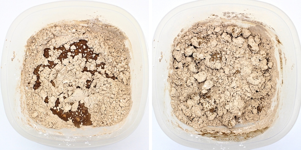 Collage of 2 images: water added to dry ingredients + dry ingredients after water has been stirred in.