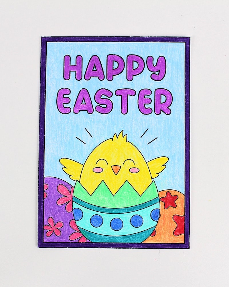 Finished Easter colouring card folded in half along the middle.