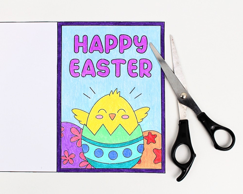 Coloured in Easter card cut out with scissors.