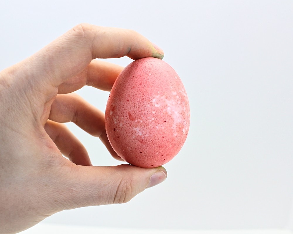 Hand holding up speckled red egg.