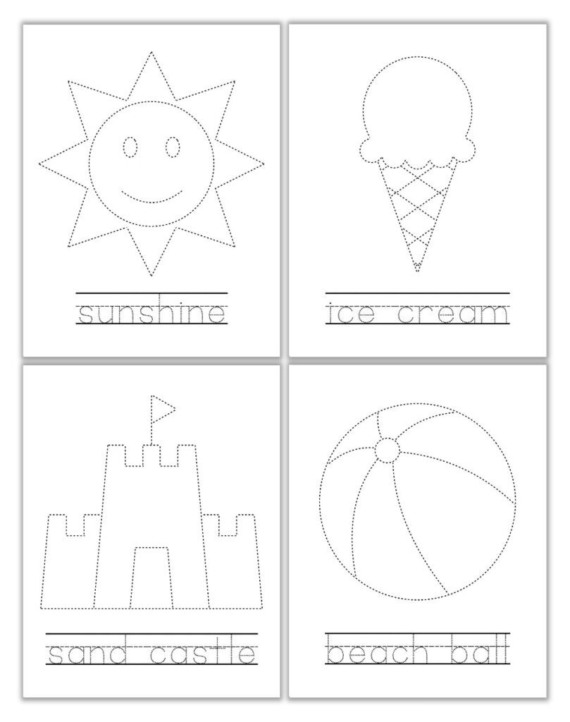Mockup of 4 summer-themed tracing worksheets.