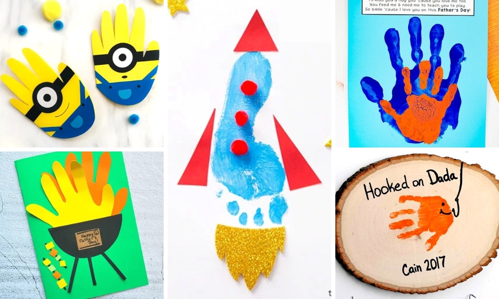 Collage of Father's Day handprint and footprint crafts.