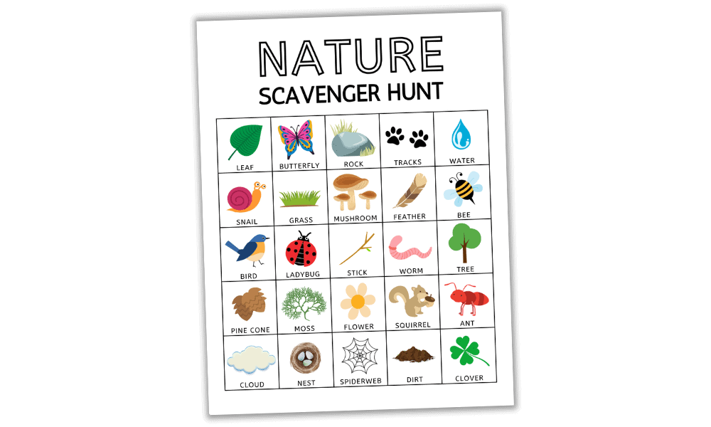 Mockup of nature scavenger hunt printable with pictures.