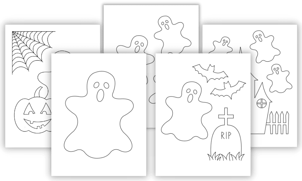 Mockup of 5 Halloween ghost colouring pages.