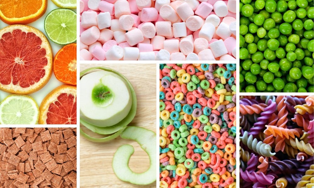 Collage of images of food items that can be used in sensory bins.