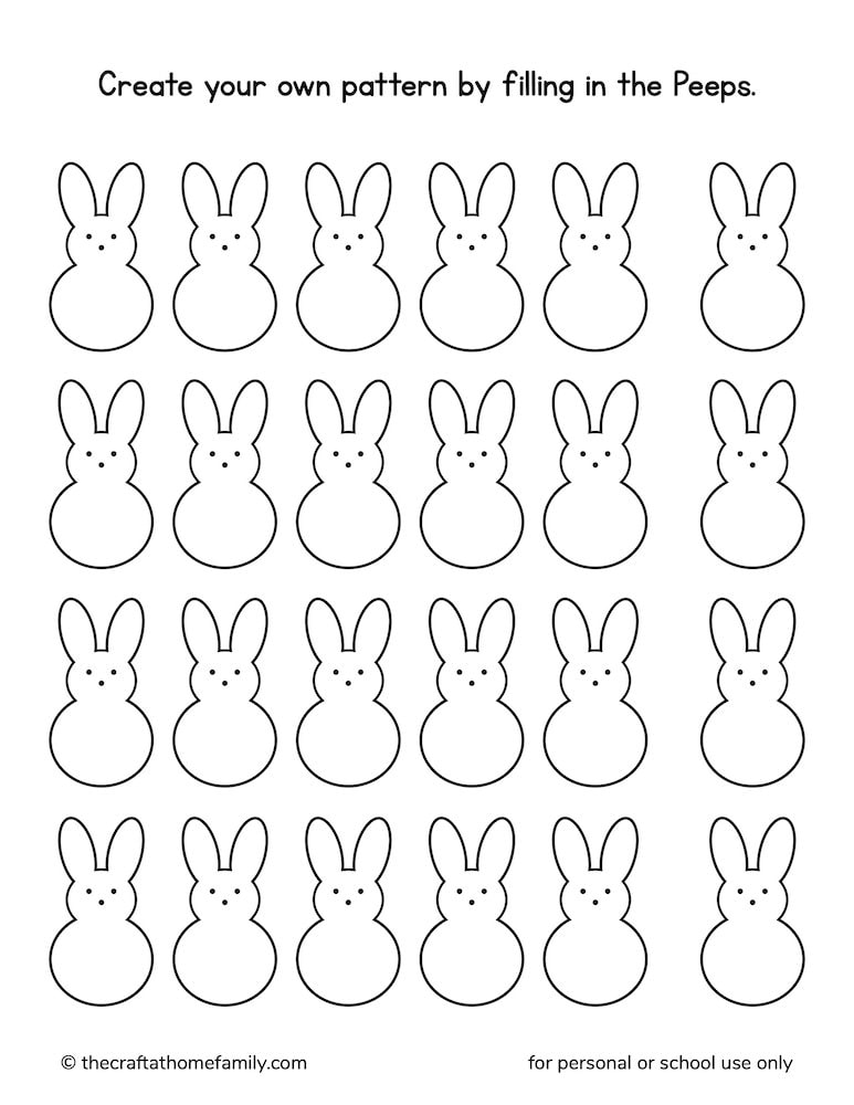 Black and white Easter Peep pattern sheet for kids.