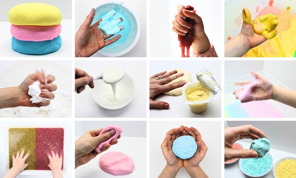 Collage of 12 sensory recipe photos that can be made with just 2 ingredients