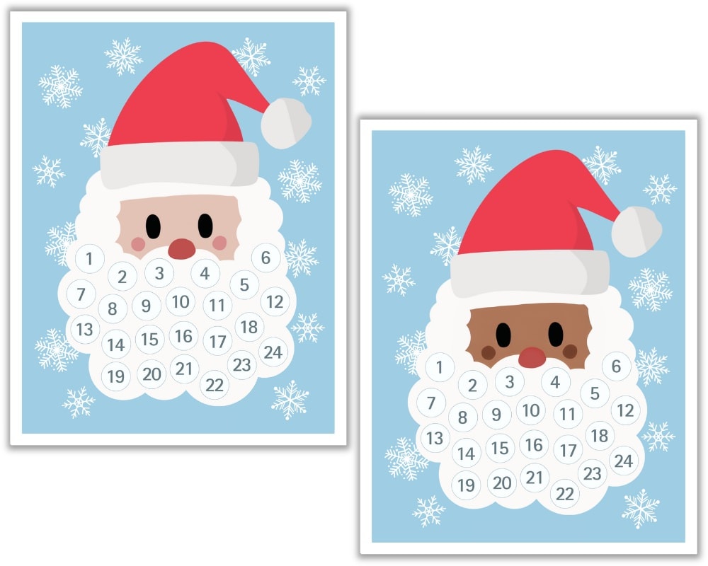 Mockup of Santa's beard countdown printables (light and dark skin).
