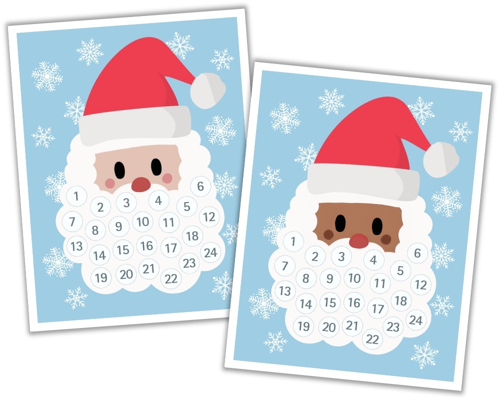 Mockup of Santa's beard countdown printables (light and dark skin).