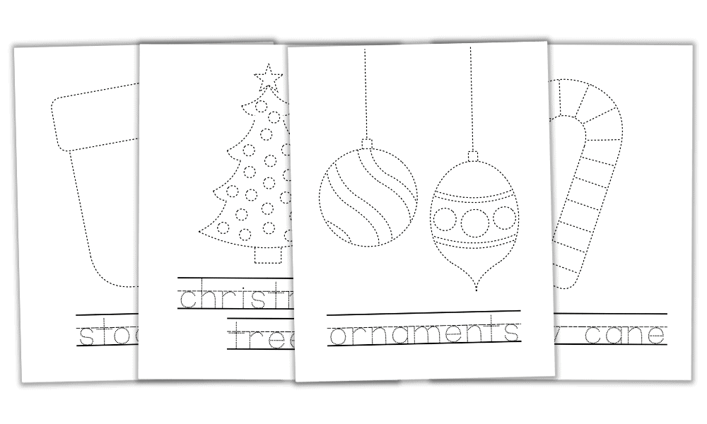 Mockup of 4 Christmas-themed tracing worksheets.