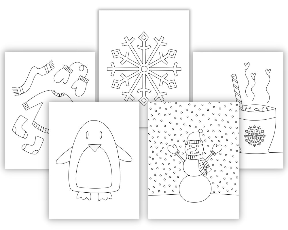 Mockup of 5 winter-themed colouring pages.