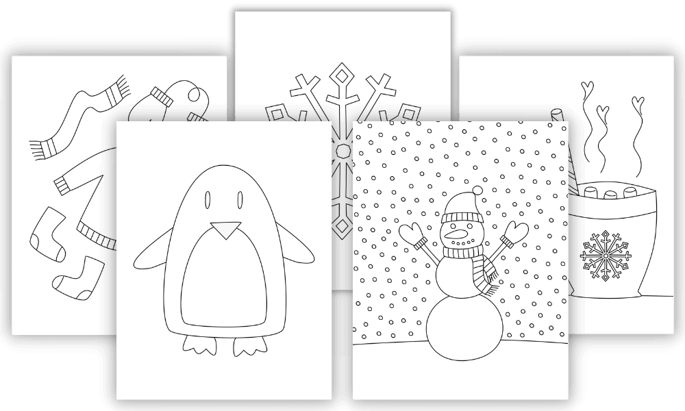 Mockup of 5 winter-themed colouring pages.