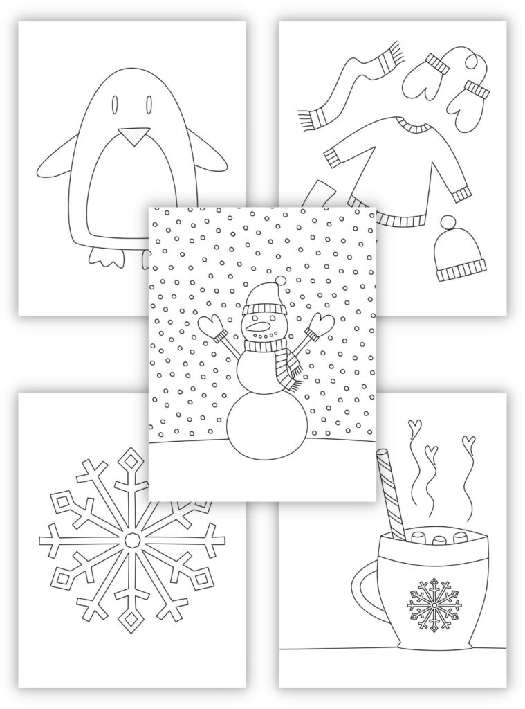 Vertical mockup of 5 winter-themed colouring pages.