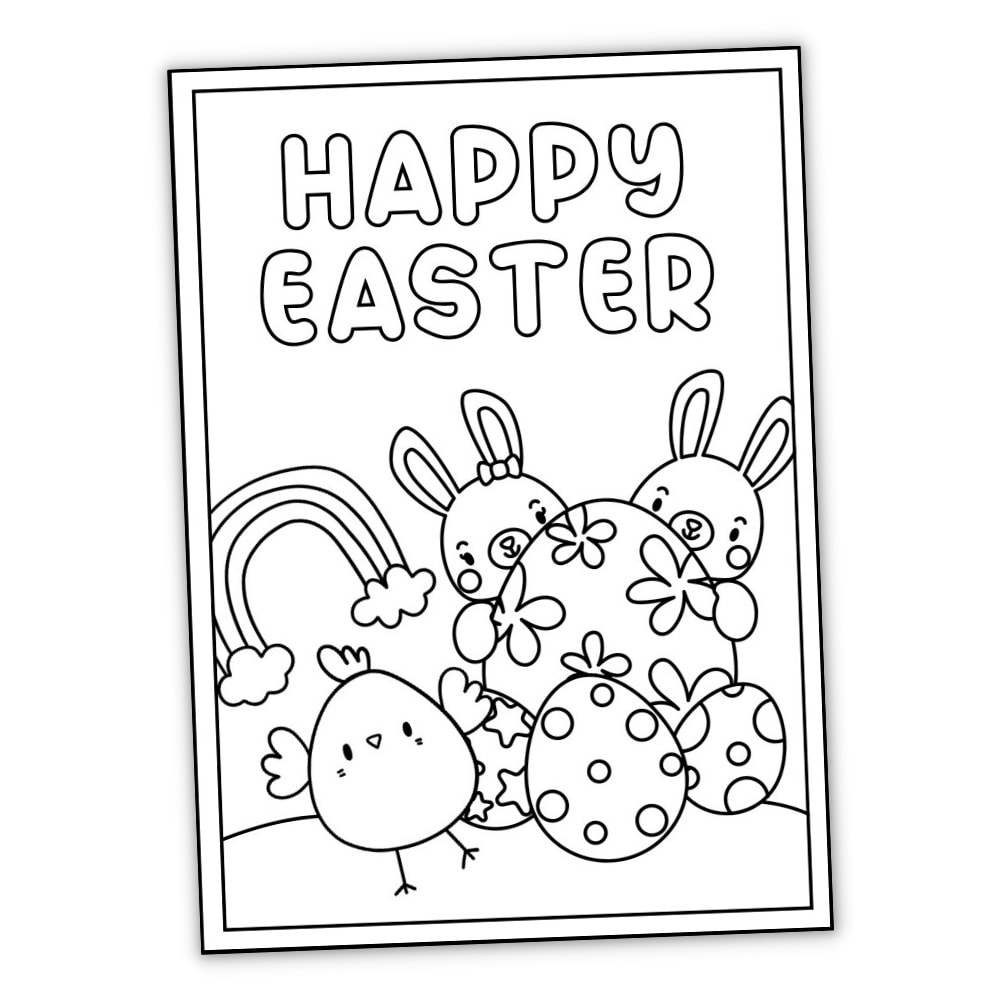 Mockup of cute Easter bunny colouring card.