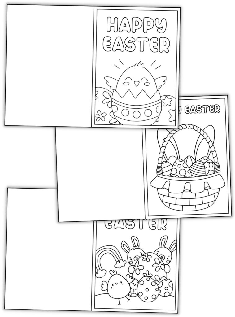 Vertical mockup of 3 Easter colouring cards.