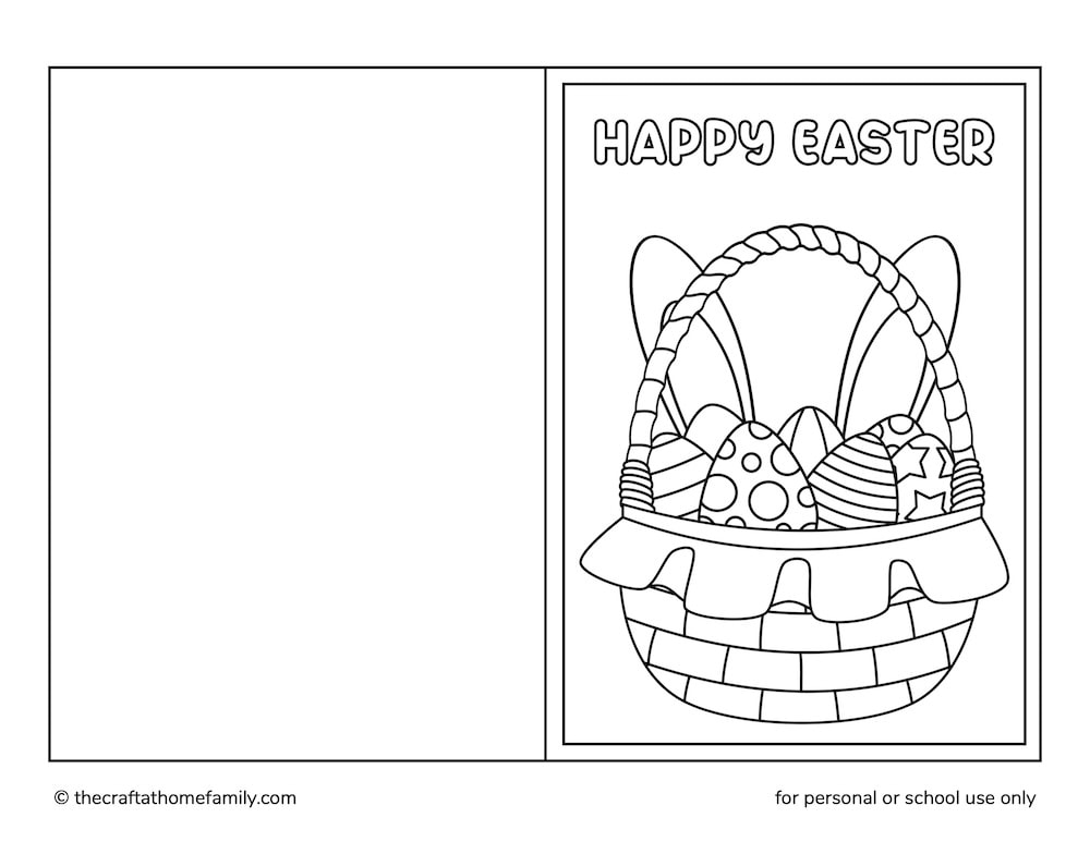 Easter colouring card with an Easter basket, bunny ears and the words "Happy Easter".