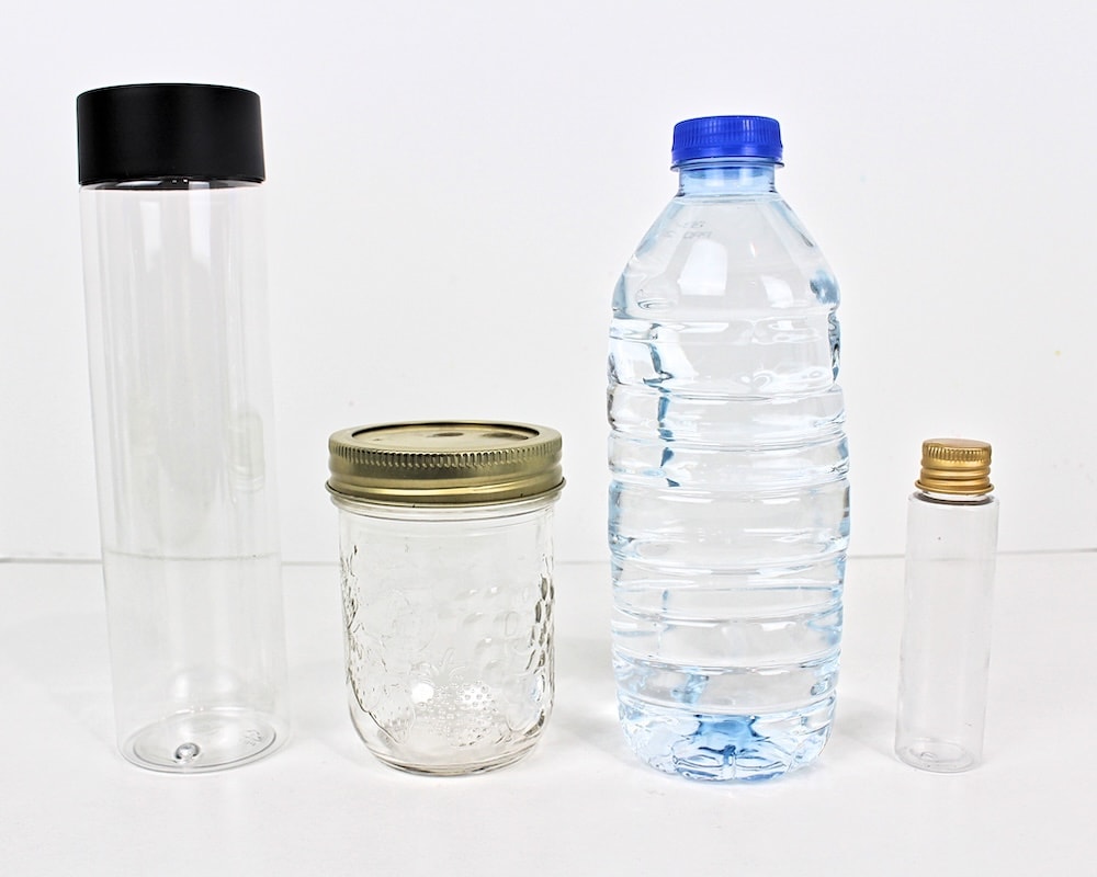 Picture of various types of bottles that can be used to make sensory bottles.