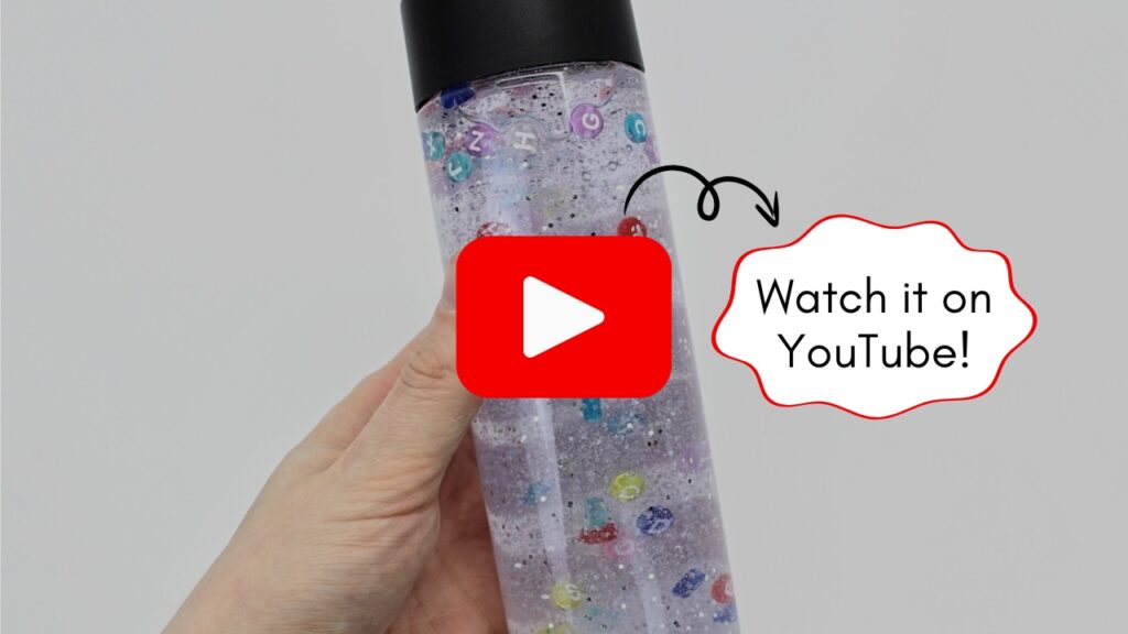 Image of a hand holding a bead-filled bottle, with a button for watching the video on YouTube.