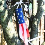 Red, white and blue windsock with silver stars, hanging on a tree branch.
