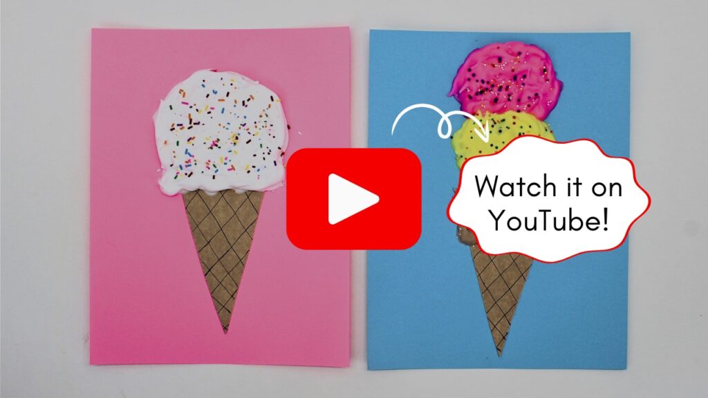 Image of a puffy paint ice cream craft, with a button for watching the video on YouTube.