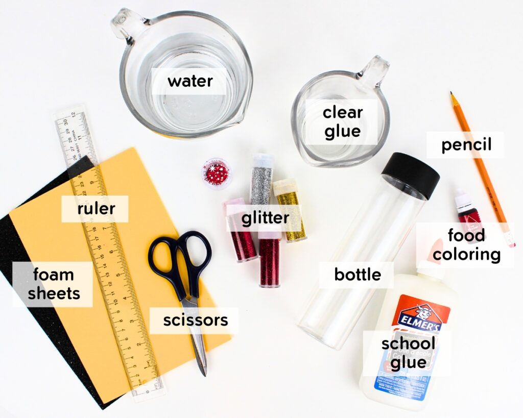 Supplies to make a Santa sensory bottle.