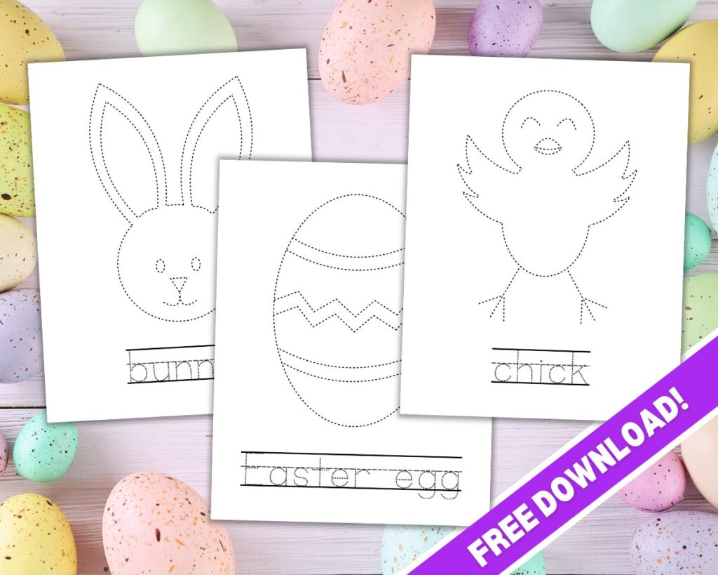 Mockup of 3 Easter-themed tracing worksheets on realistic background.