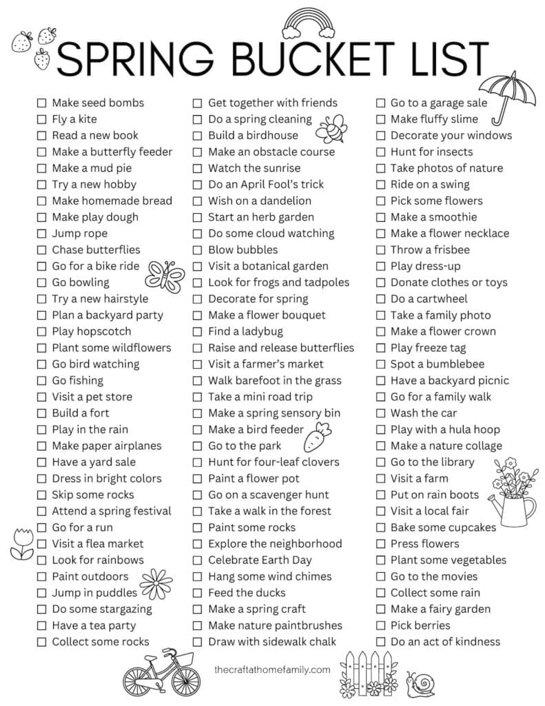 Black-and-white pre-filled spring bucket list.
