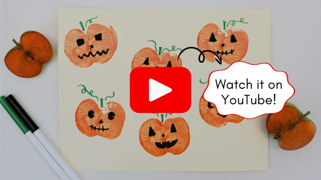 Image of an apple stamped jack-o'-lantern craft, with a button for watching the video on YouTube.
