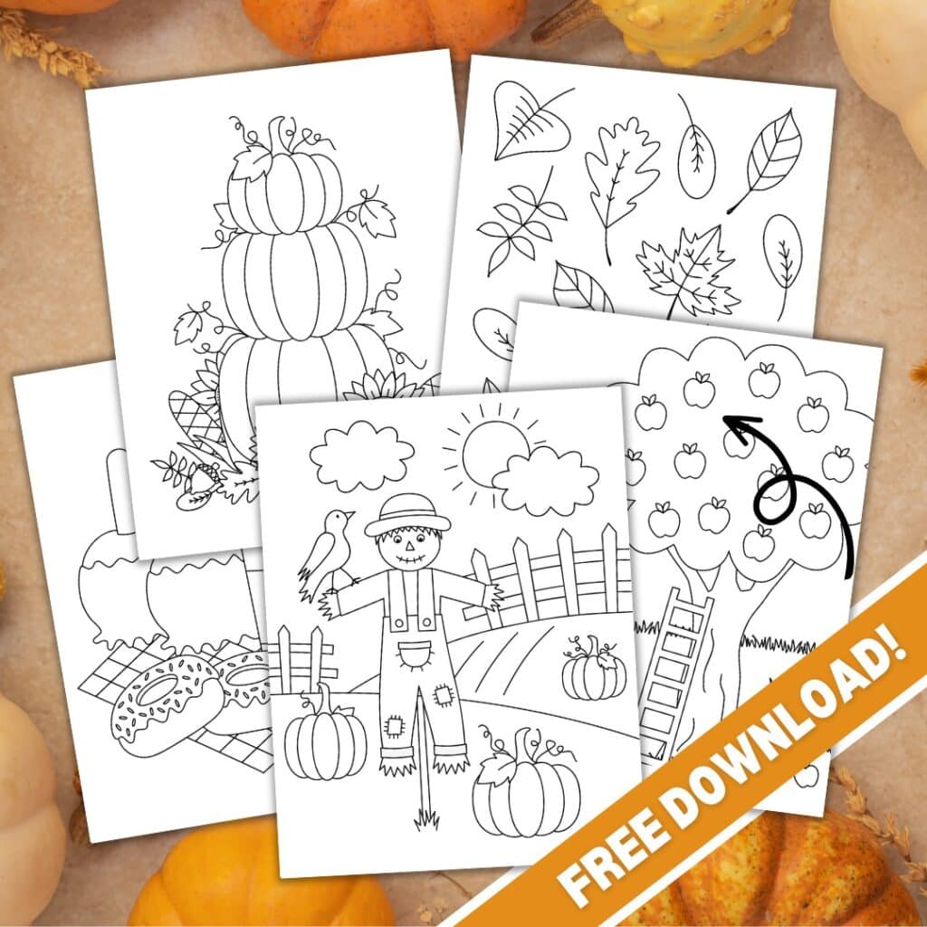 Mockup of 5 fall-themed coloring pages.