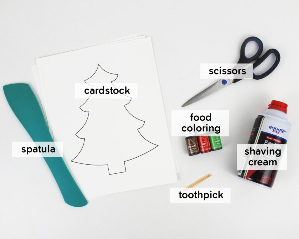 Supplies to make Christmas marbled shaving cream art.
