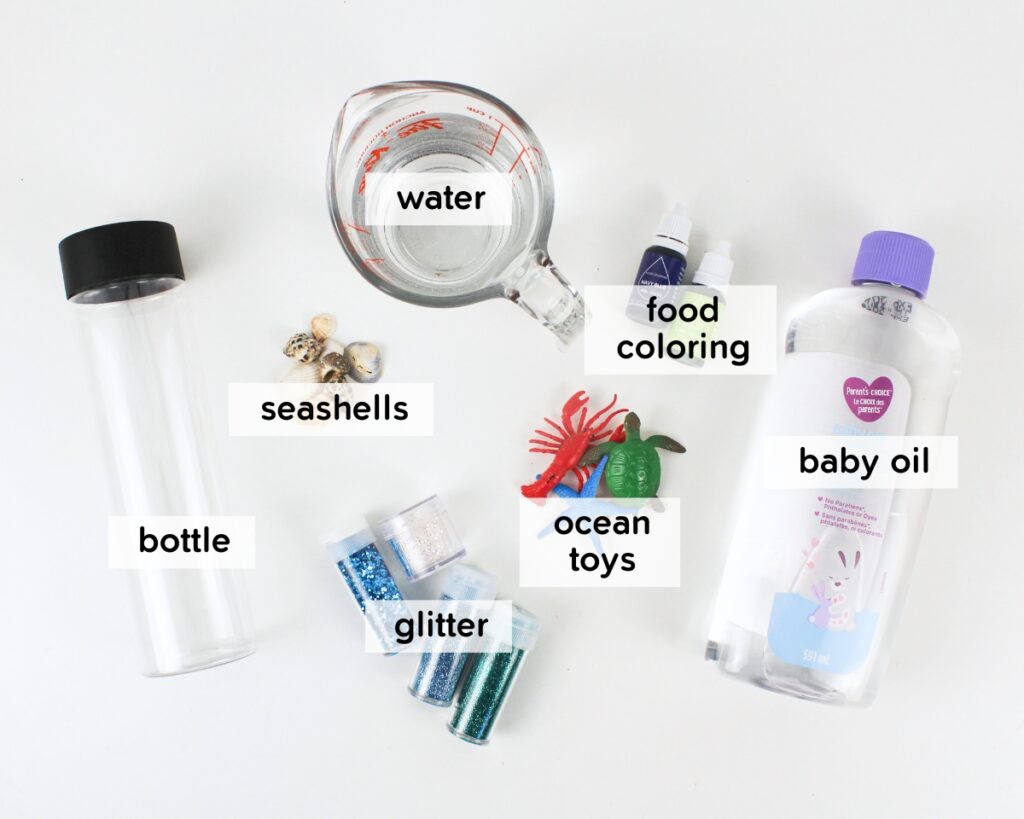 Supplies to make an ocean sensory bottle.
