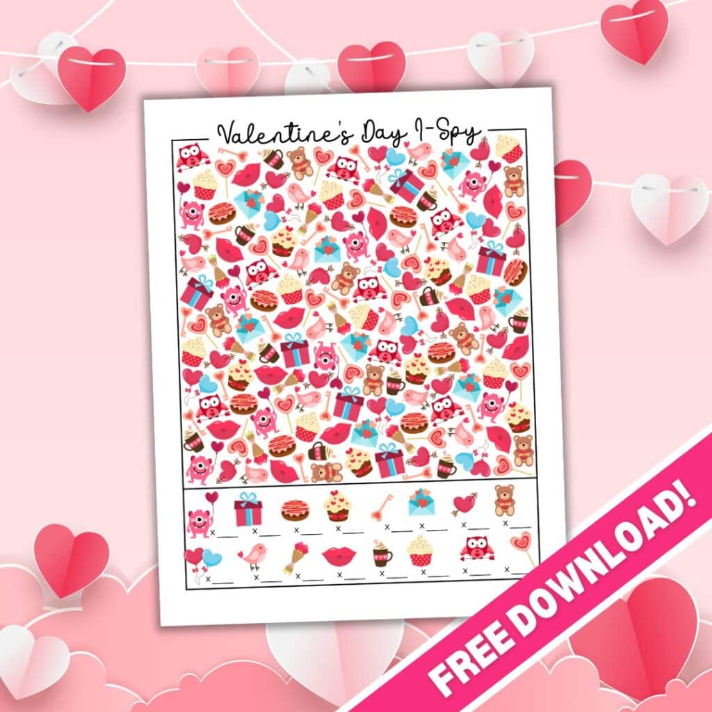 Mockup of Valentine's Day I Spy printable.